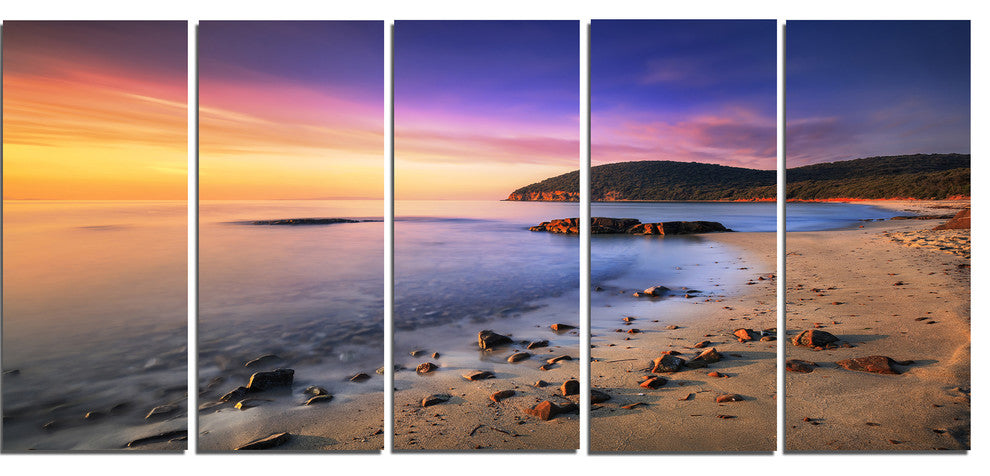 "Sunset in Cala Violina Bay Beach" Seashore Wall Art, 5 Panels, 60"x28"