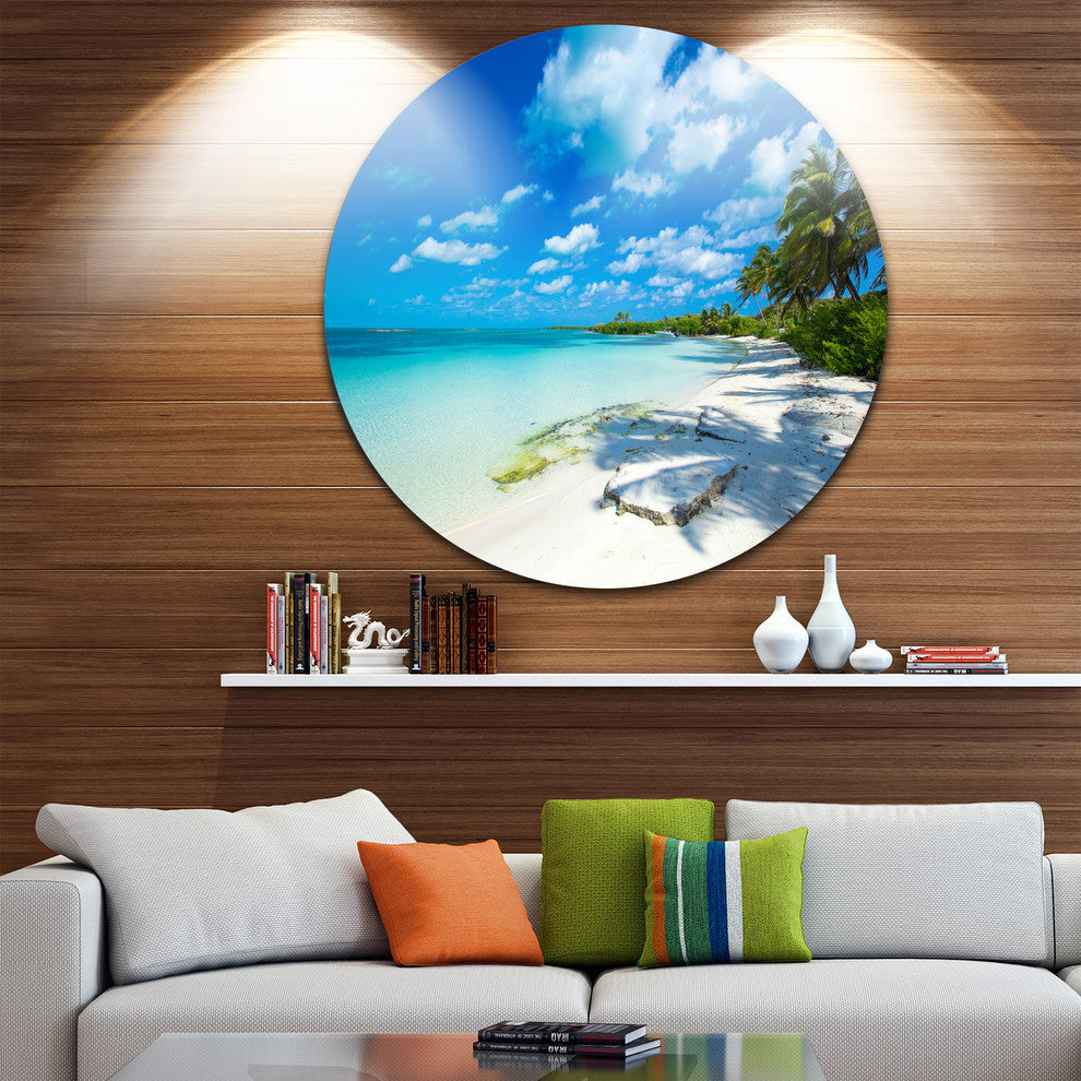 Tropical Beach With Palm Shadows, Seashore Disc Metal Wall Art, 11"