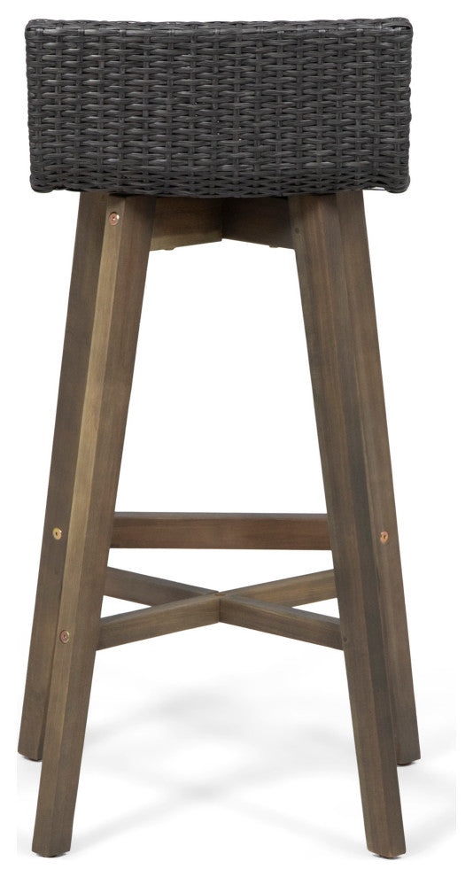 Jessie Outdoor Wood and Wicker Barstool, Set of 4, Gray, Gray Finish