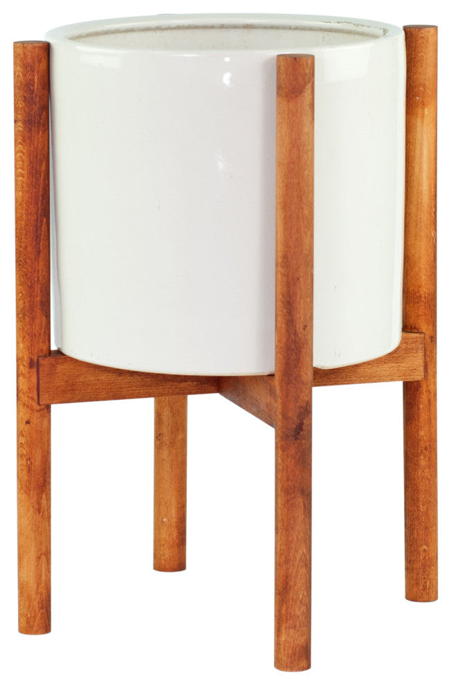 Large Ceramic Cylinder Pot 10" White With Wood Plant Stand Walnut Color