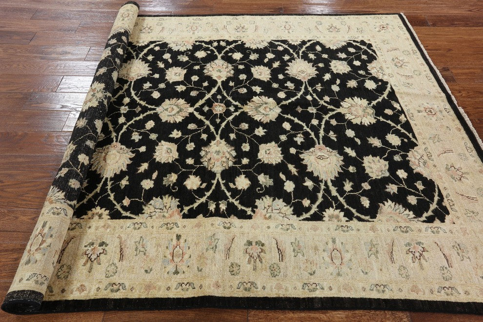 Black Oushak Oriental Hand-Knotted Peshawar Chobi Wool Rug, 6'x7'