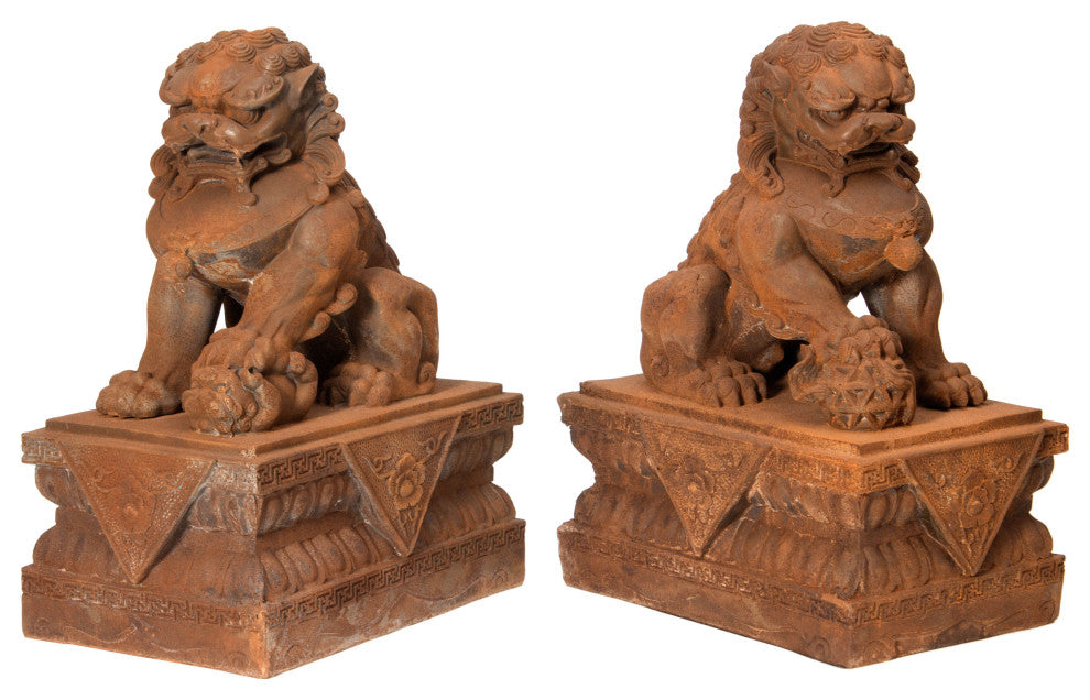18" Foo Dog Rust Patina Statues, Set of Two