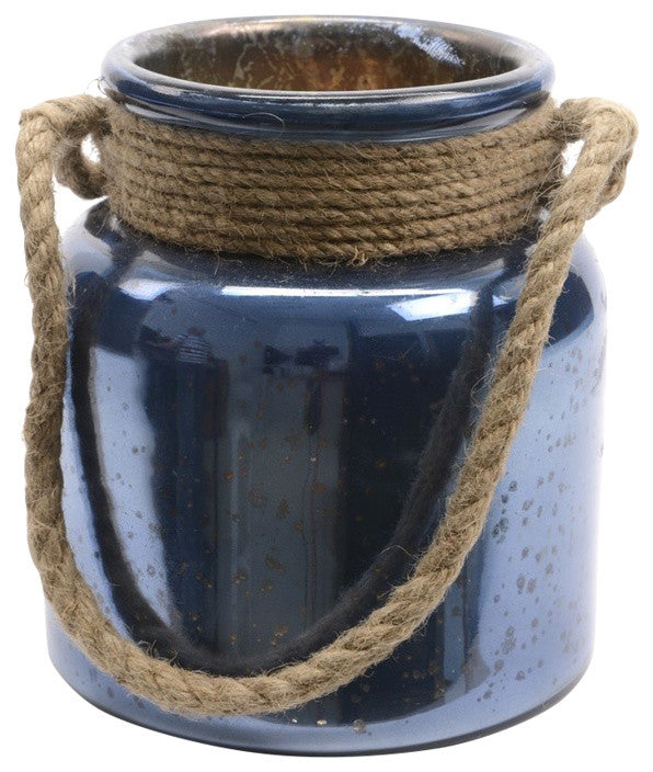Glass Hurricane With Rope Handle, Blue, 9.5"