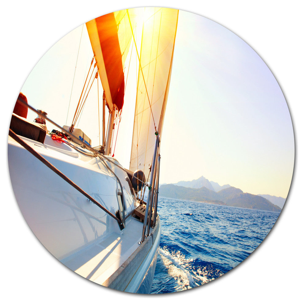 Sailboat Sailing In The Blue Sea, Seashore Round Wall Art, 23"