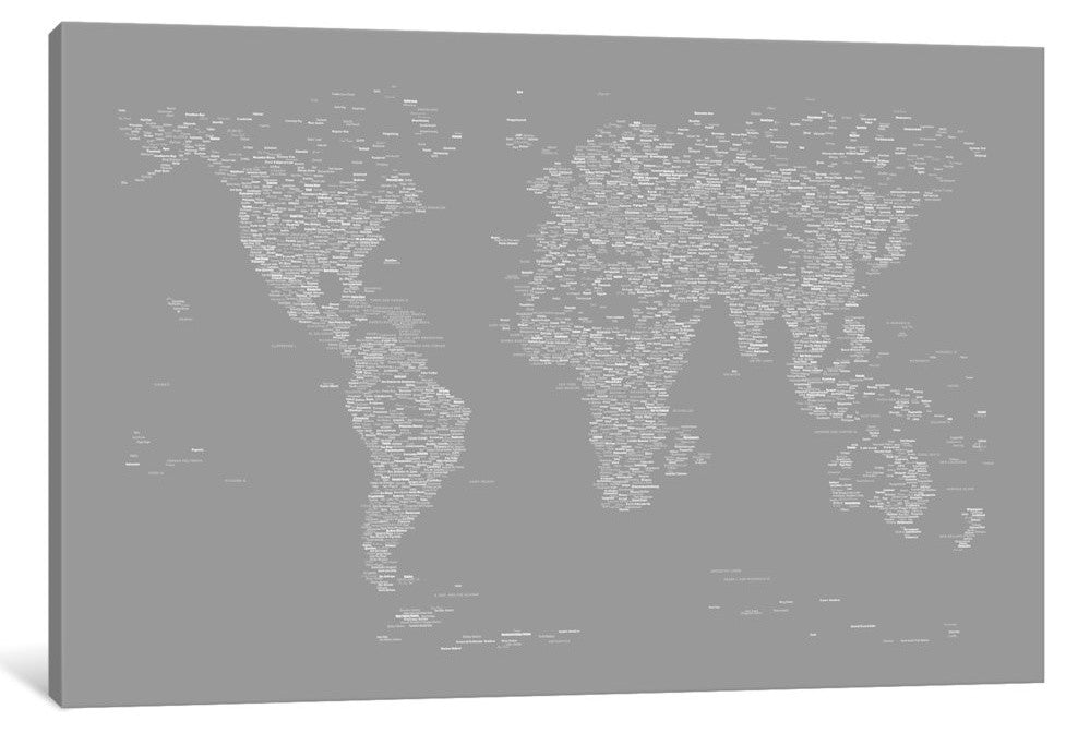 "Font World Map, Gray" Wrapped Canvas Art Print, 40x26x1.5