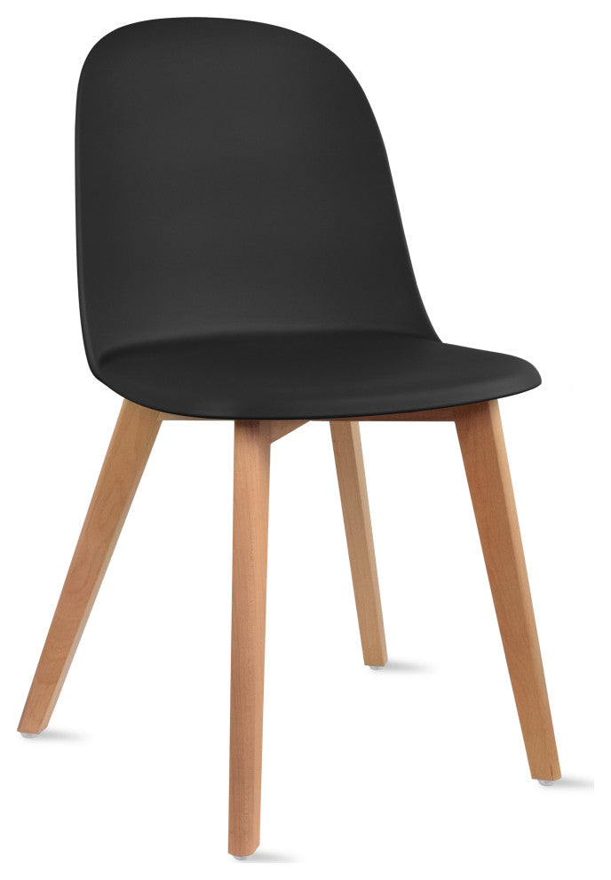 Set of 4 Modern Dining Side Chairs Molded Plastic With Round Back Wooden Legs, Black