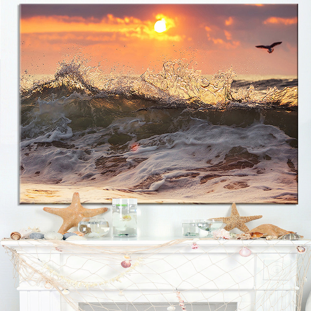 "Sunrise And Roaring Ocean Waves" Seashore Canvas Wall Art, 40"x20"