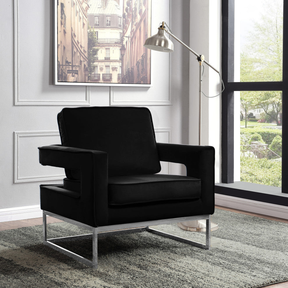 Noah Velvet Upholstered Accent Chair, Black, Chrome Base