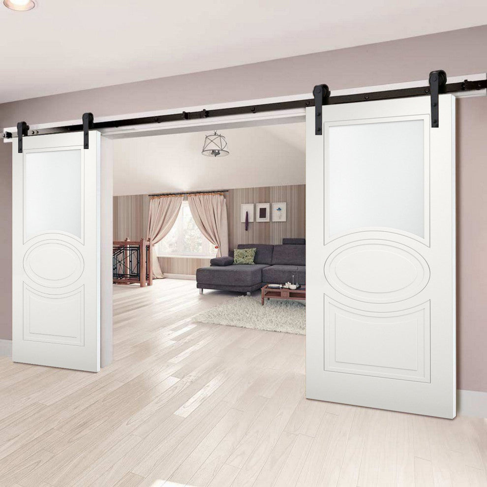 Double Barn Doors Opaque Glass / Mela 7012 Matte White / 13FT Rail, 72" X 96" ( 2* 36x96)