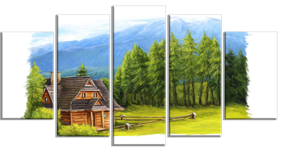 "Small Wooden Home in Mountains" Landscape Wall Art, 5 Panels, 60"x32"
