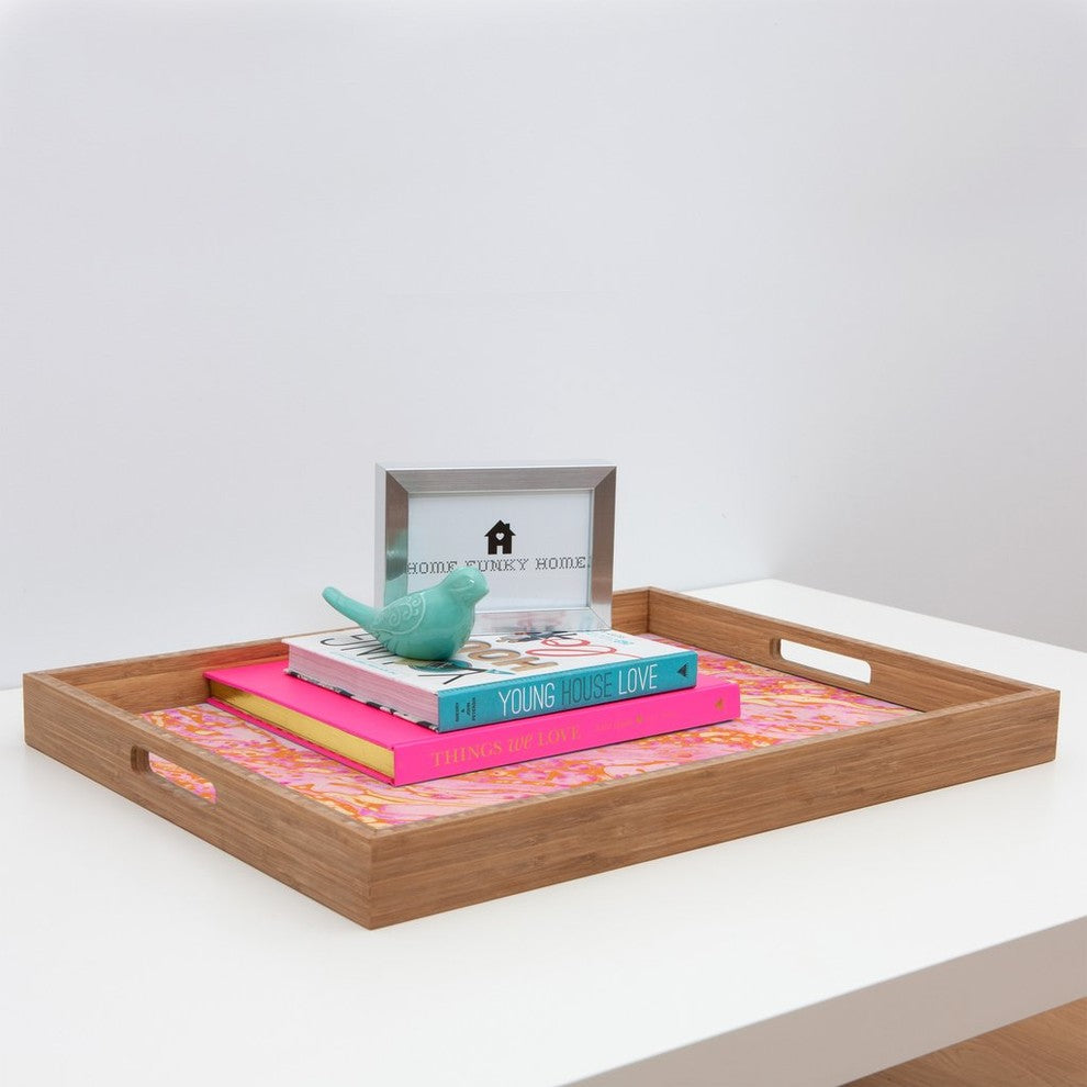 Amy Sia Marble Orange Pink Rectangular Tray, 18"x14"