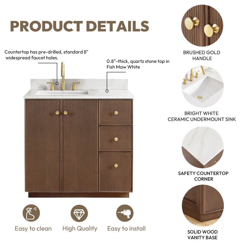 Oza Bath Vanity with Quartz Stone Top, Aged Dark Brown Oak, 36", Single Vanity, No Mirror