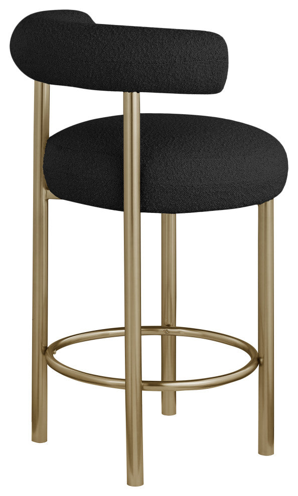 Bordeaux Upholstered Stool, Black, Boucle Fabric, Brushed Brass, Set of 2