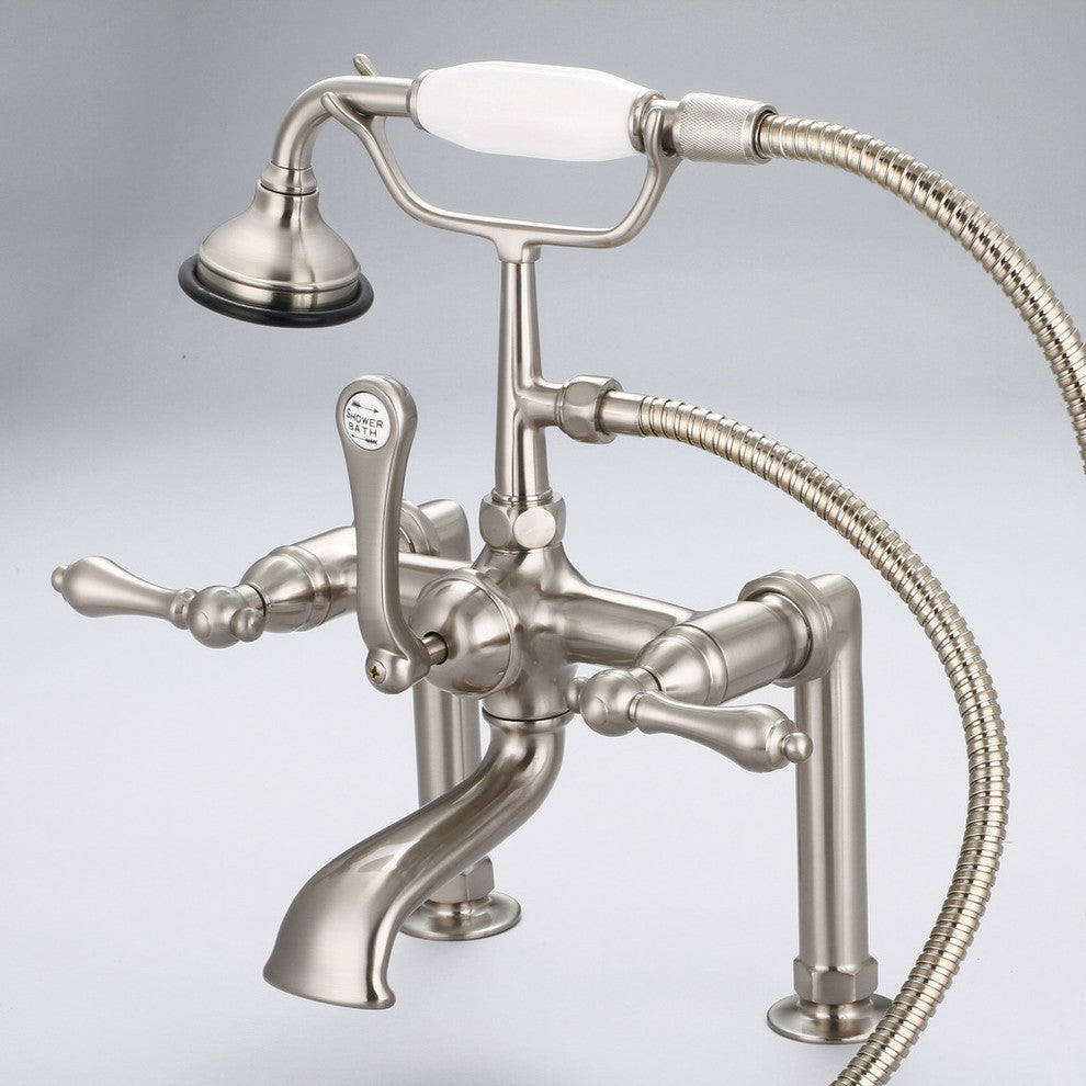 Vintage 7" Spread Deck Mount Tub Faucet w/6" Risers & Handshower, Lever handles