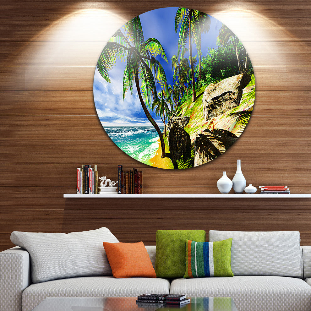 Palms In Hawaii Island Beach, Modern Seascape Disc Metal Wall Art, 23"