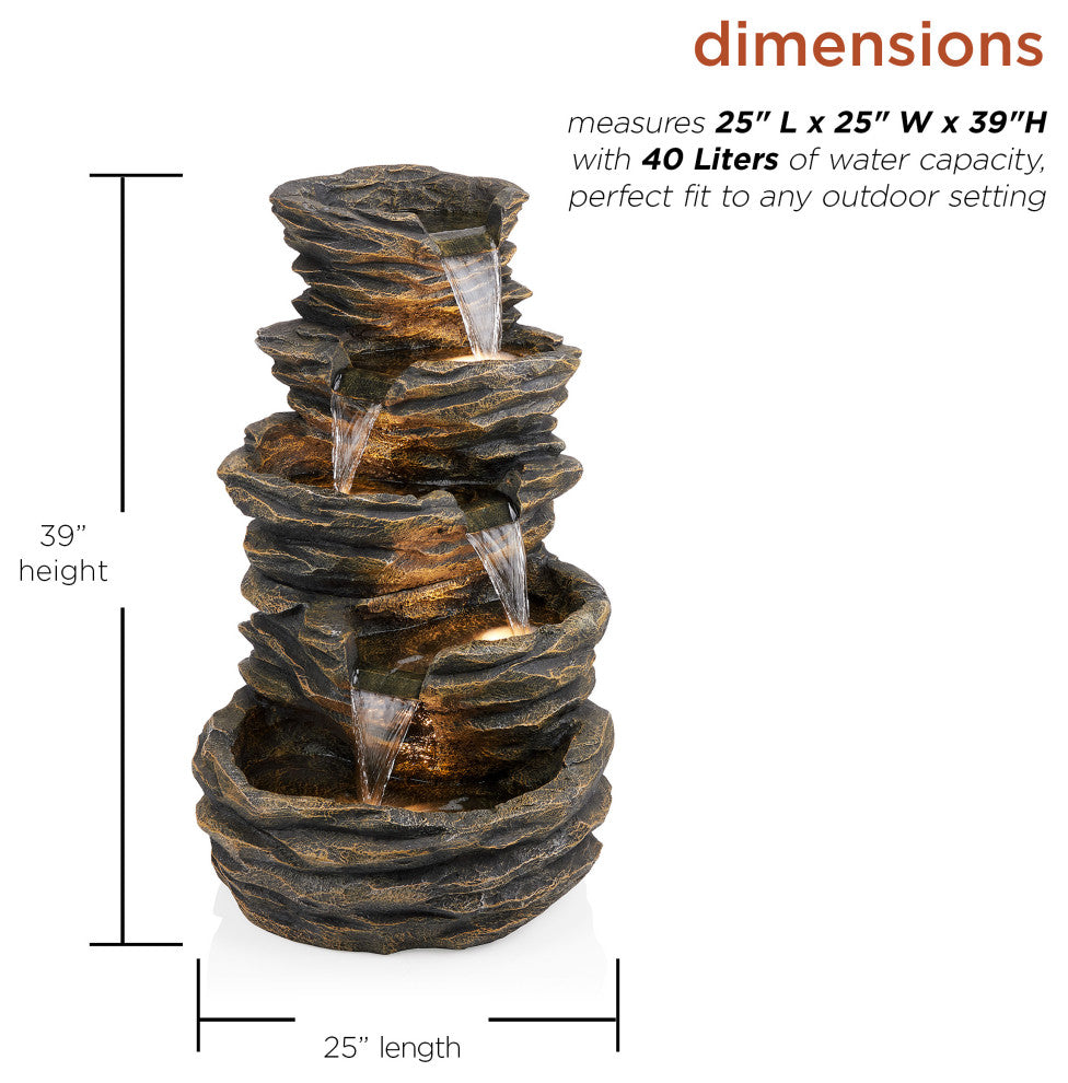 5-Level Rock Pond Fountain With Miniature Lights, Gray