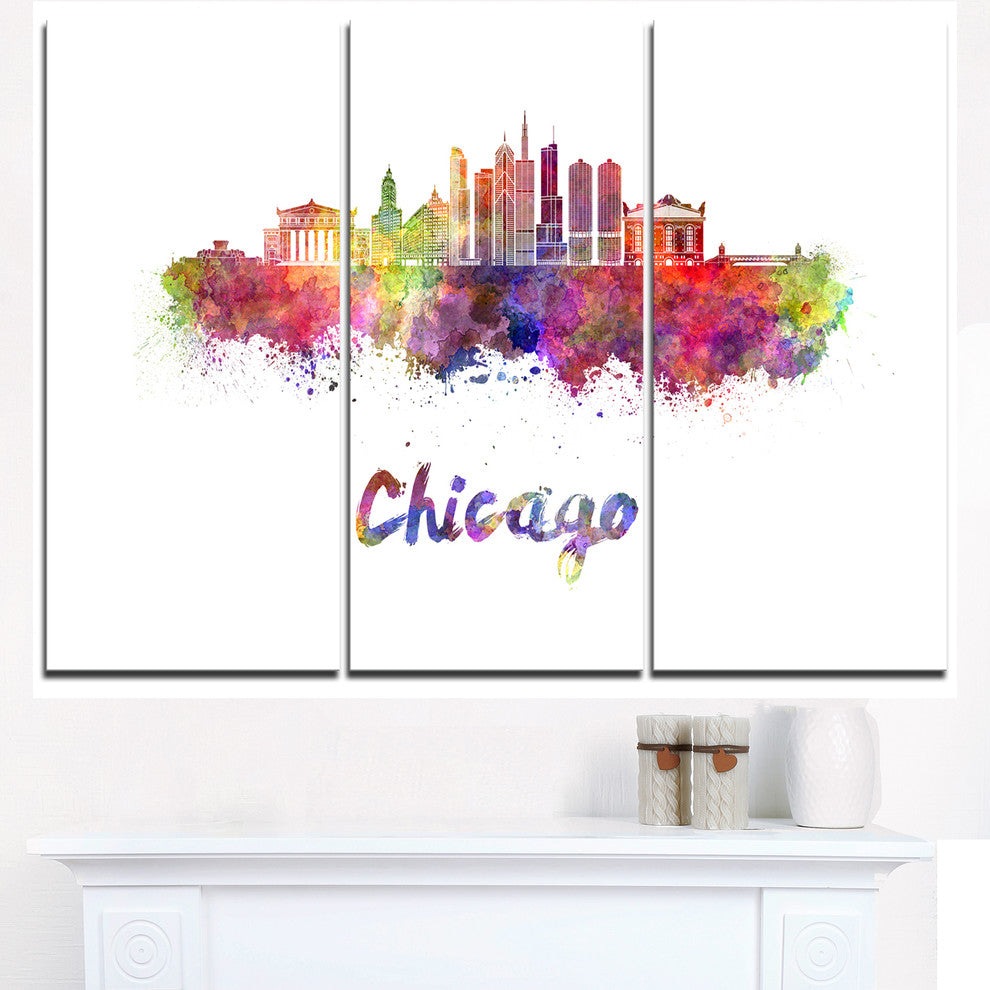 "Colorful Chicago Skyline in Watercolor" Metal Wall Art, 3 Panels, 36"x28"