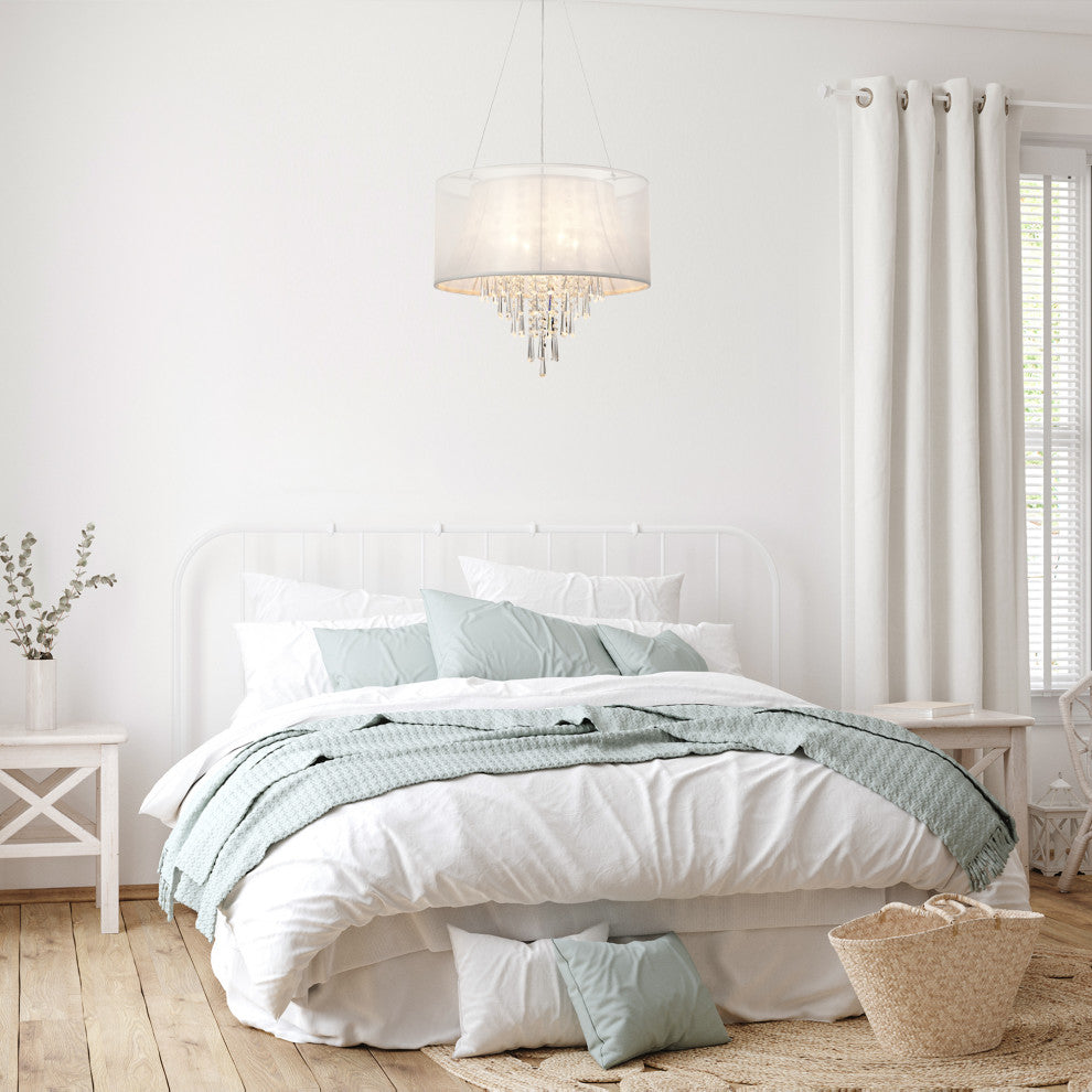 4-Light Double White Fabric Drum Shade Crystal Pendant Chandelier Glam Lighting