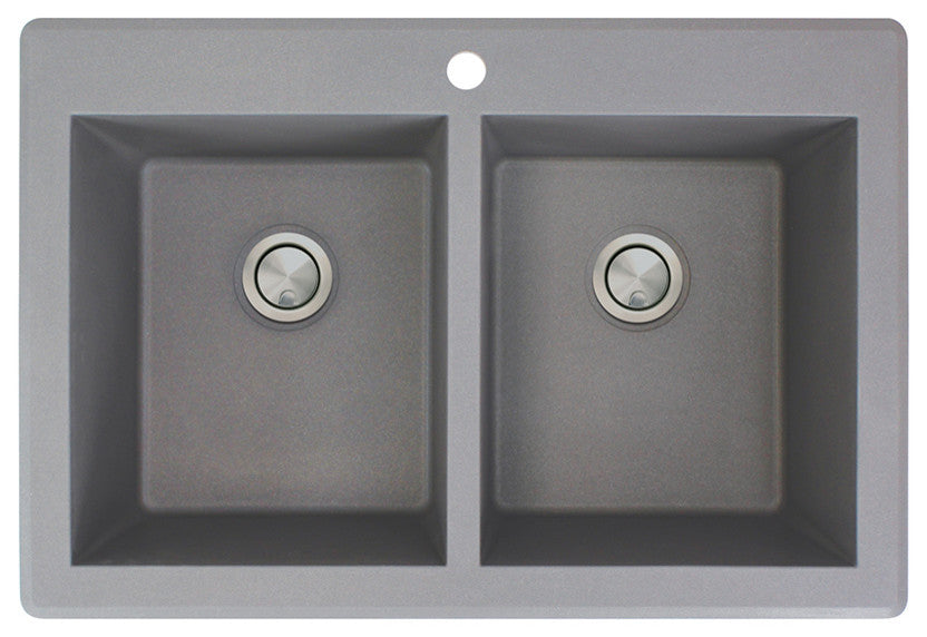 Radius 33" silQ Granite Double Bowl Kitchen Sink with 1 Pre-Drilled Hole in Grey