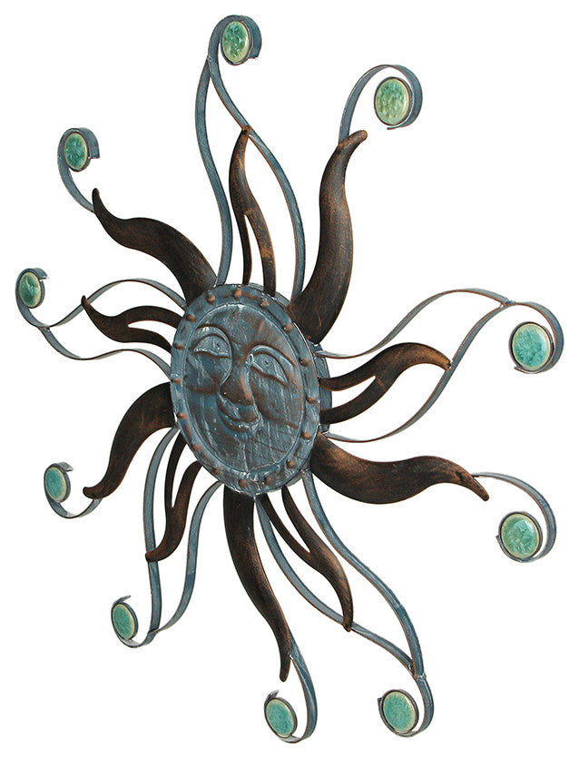 Antique Copper Finish Metal Sun Face Wall Hanging With Ceramic Bead Accents