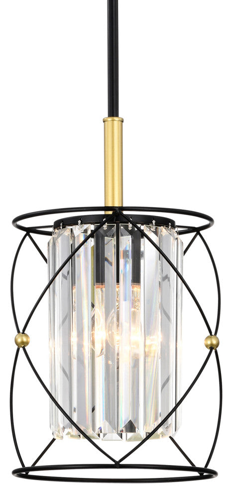 1-Light Black and Gold Cage Mini Pendant With Hanging Crystals