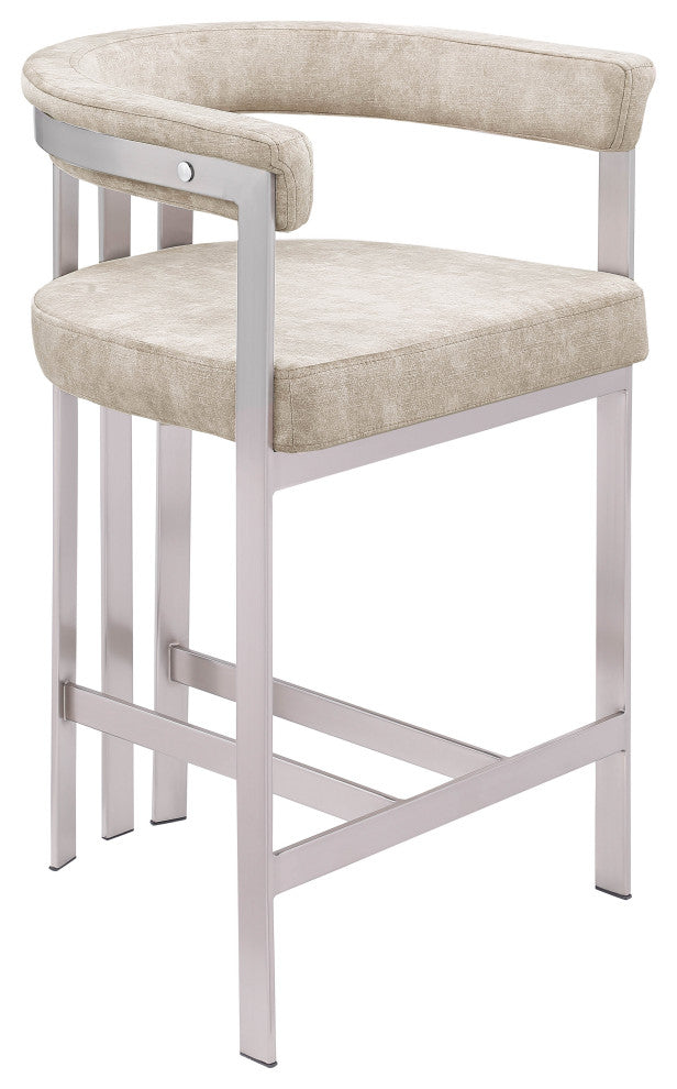 Marcello Upholstered Counter Stool, Beige, Velvet, Brushed Chrome
