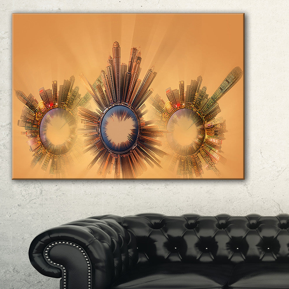 "Miniature Earth Planets With Skyscrapers" Abstract Wall Art, 40"x20"