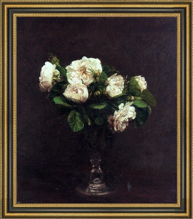 Henri FantinLatour White Roses Framed Premium Canvas Print, 16"x20"