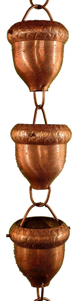 Acorn Cups Copper Rain Chain With Installation Kit, 10'