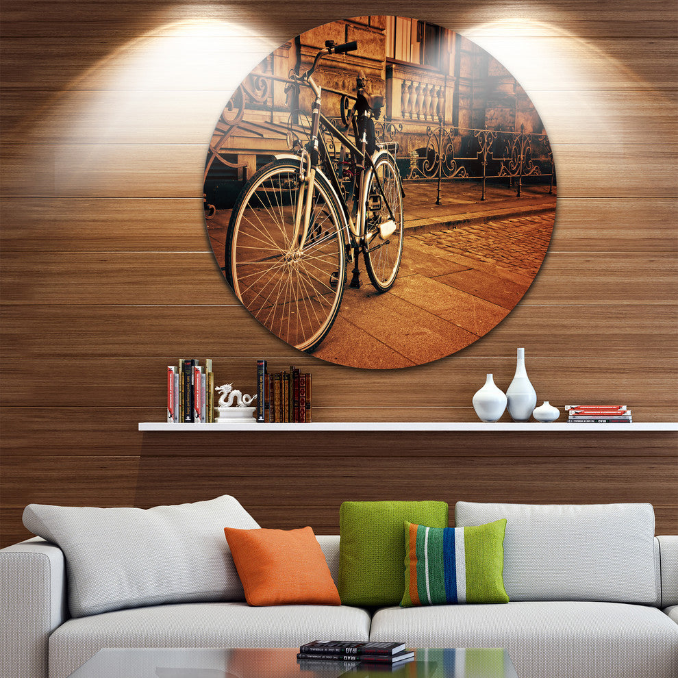 Retro Bicycle Against Stone Wall, Landscape Round Metal Wall Art, 23"