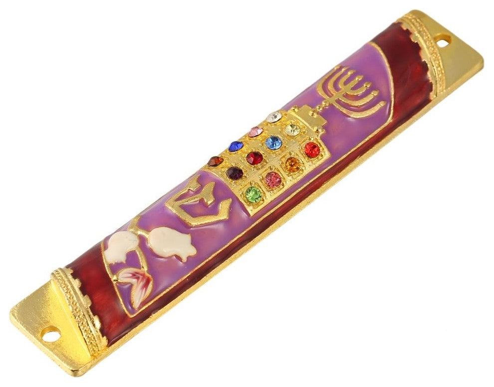 Hand Painted Enamel Mezuzah Embellished With a Menorah and Priestly Breastplate