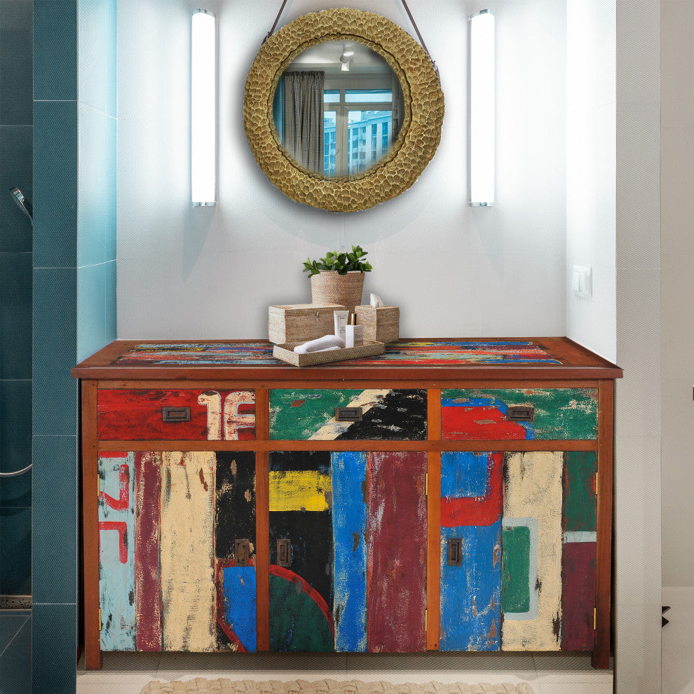 Marina Del Rey Recycled Teak Wood Linen Cabinet With 3 doors and 3 drawers