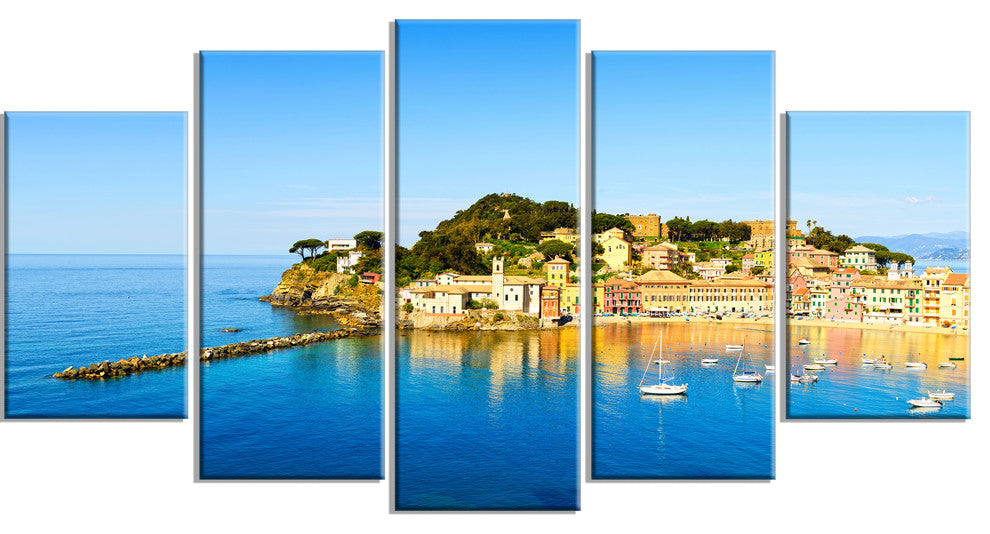 "Sestri Levante Silence Bay Sea" Seashore Wall Art, 5 Panels, 60"x32"