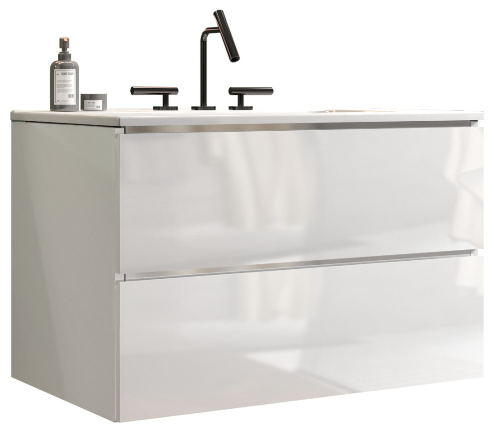 Wall-Mounted Bathroom Vanity Set with Ceramic Sink, White, 30"
