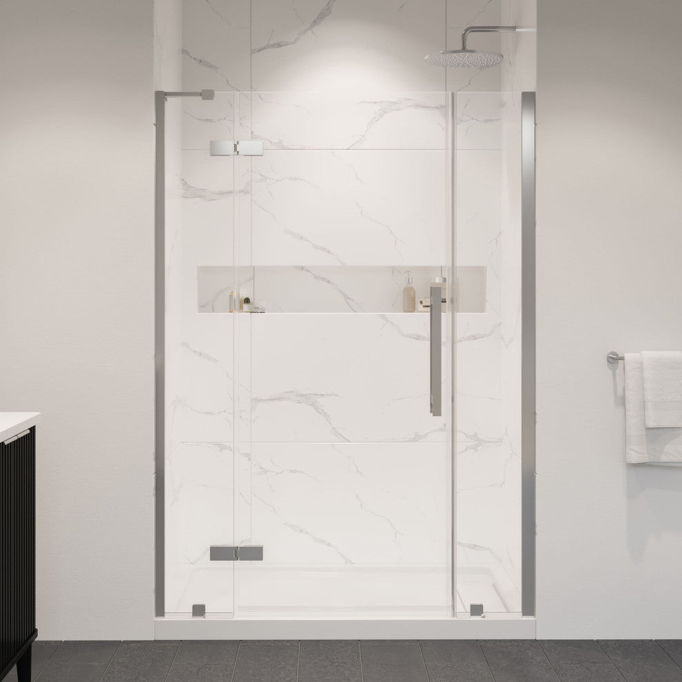 Tampa Alcove Frameless Pivot Hinge Shower Door Kit With Base Pan, Satin Nickel, 54x36"