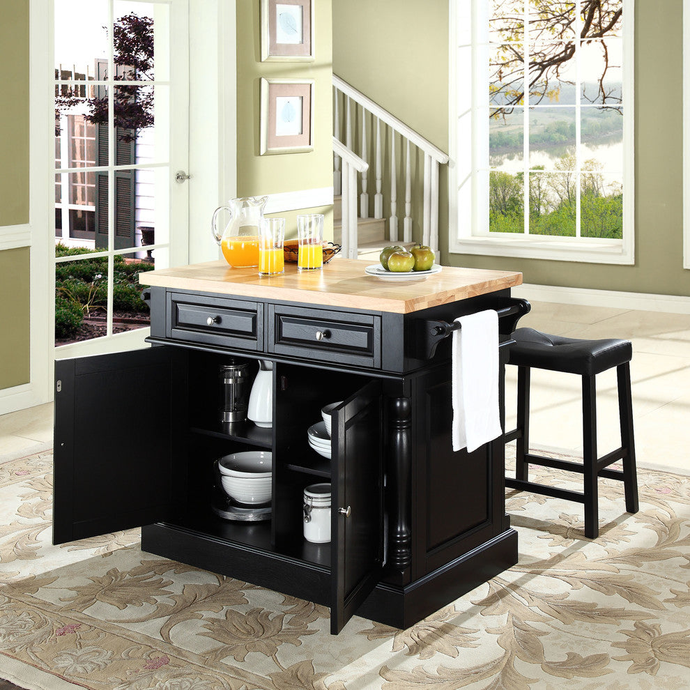 Butcher Block Top Kitchen Island, Black Finish With 24" Black Upholstered Sadd