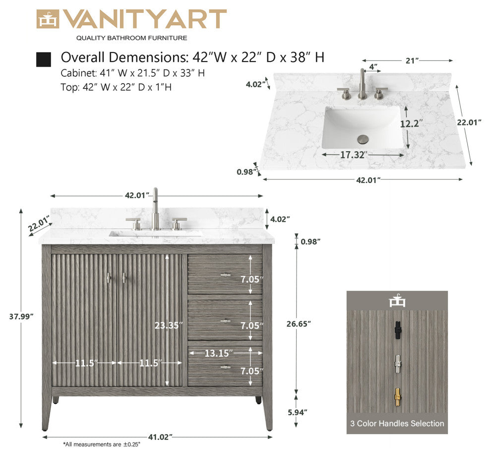 Vanity Art Freestanding Vanity, Driftwood Gray, 42", Single Sink, Golden Brushed