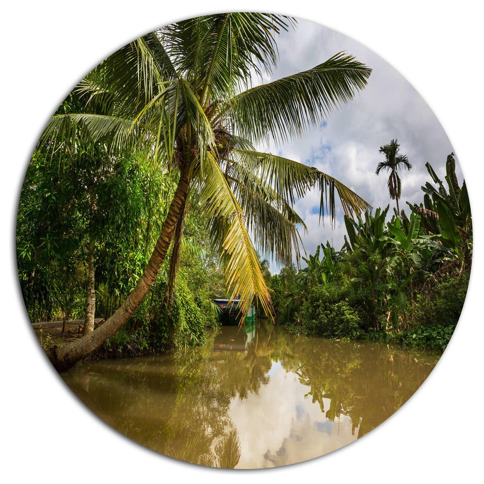 Tropical River With Bent Coconut Palm, Landscape Round Artwork, 23"