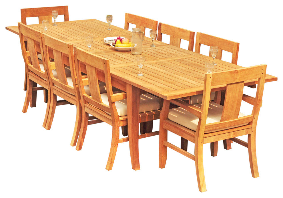 9-Piece Outdoor Teak Dining Set, 122" X-Large Rectangle Table, 8 Osbo Arm Chairs