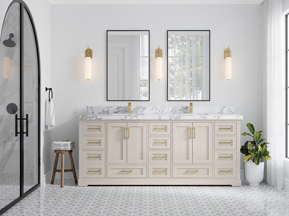 Boston 84" Double Sink Bath Vanity in Fine Grain 2" Calacatta Poanazzo