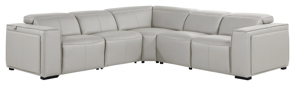 Niccolo Italian Leather 5-Piece L-Shaped Power Reclining Sectional, Light Gray