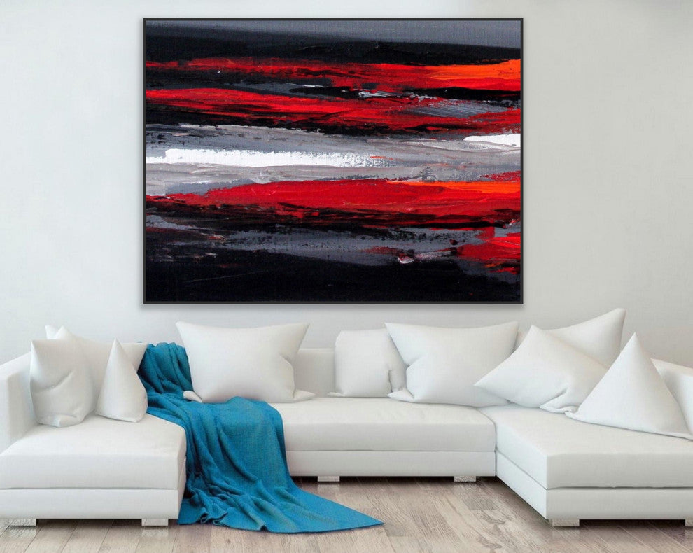 "Track" 60x48 IN Black and White Red Gray Abstract Art Large Modern Painting