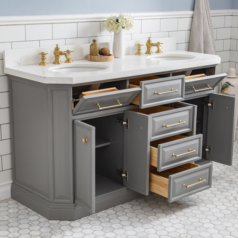 60" Palace Quartz Gray Vanity With Brass Hardware, Faucets and Chrome Mirrors