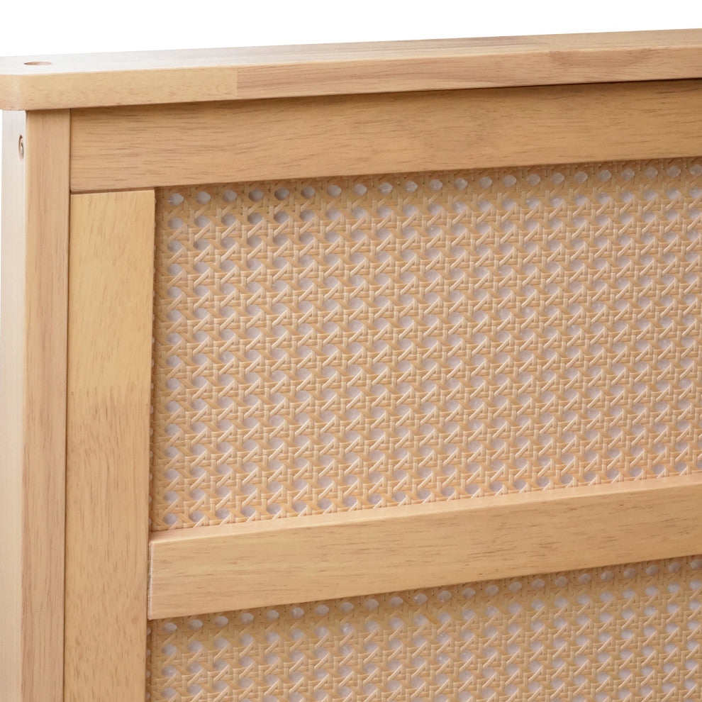 GDF Studio King Size Platform Bed, Rattan Headboard & Storage Drawers, White Oak