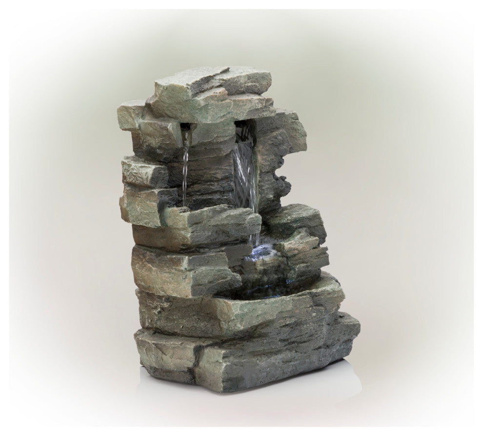 13" Tall Indoor 4-Tier Cascading Tabletop Fountain with LED Lights, Gray