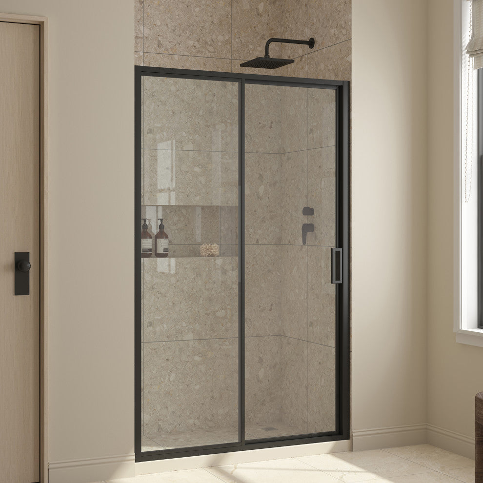 Stanford Sliding Fluted Alcove Shower Door, Black, Clear Glass, 48"