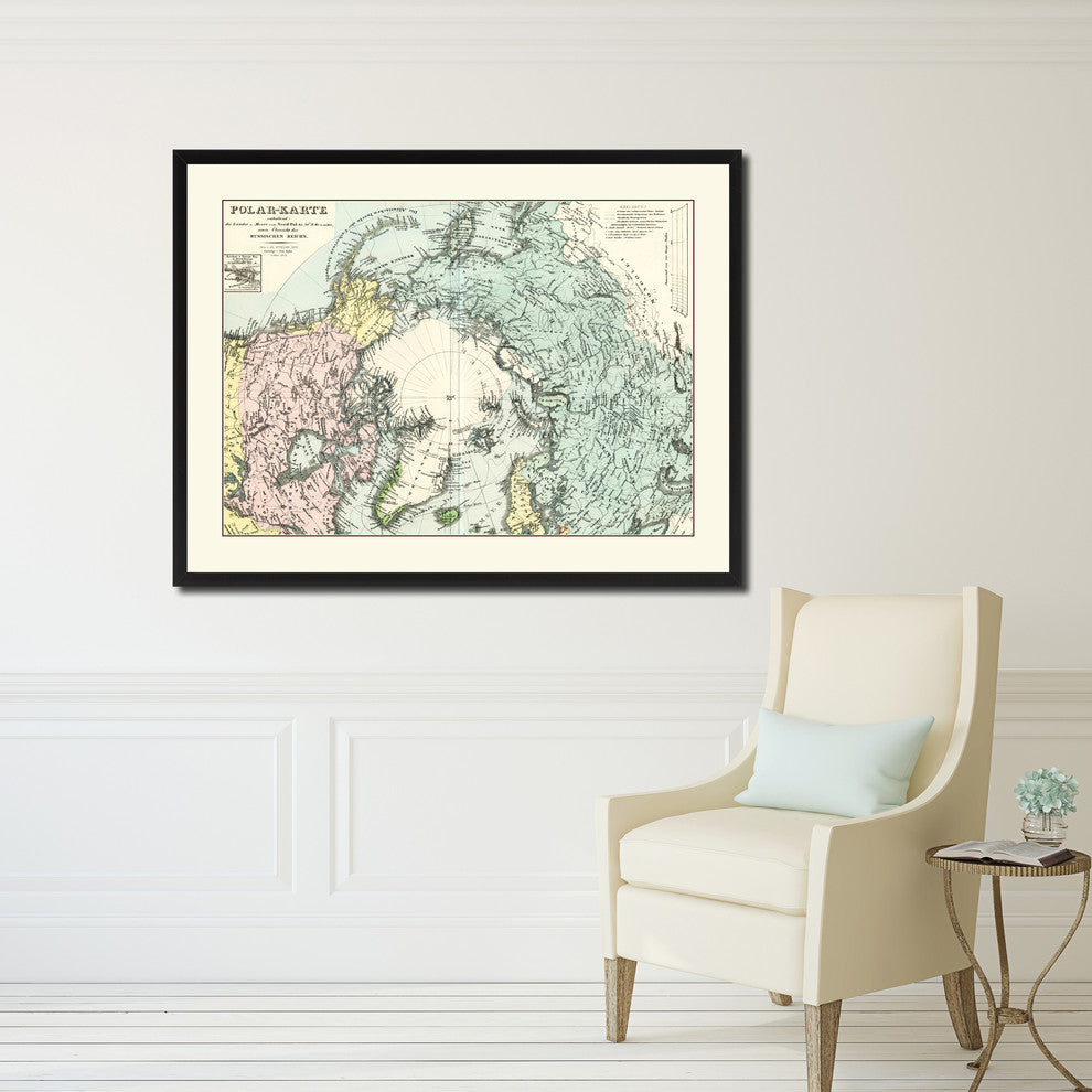 North Pole Stieler Vintage Map Print On Canvas With Picture Frame 16" X 21"