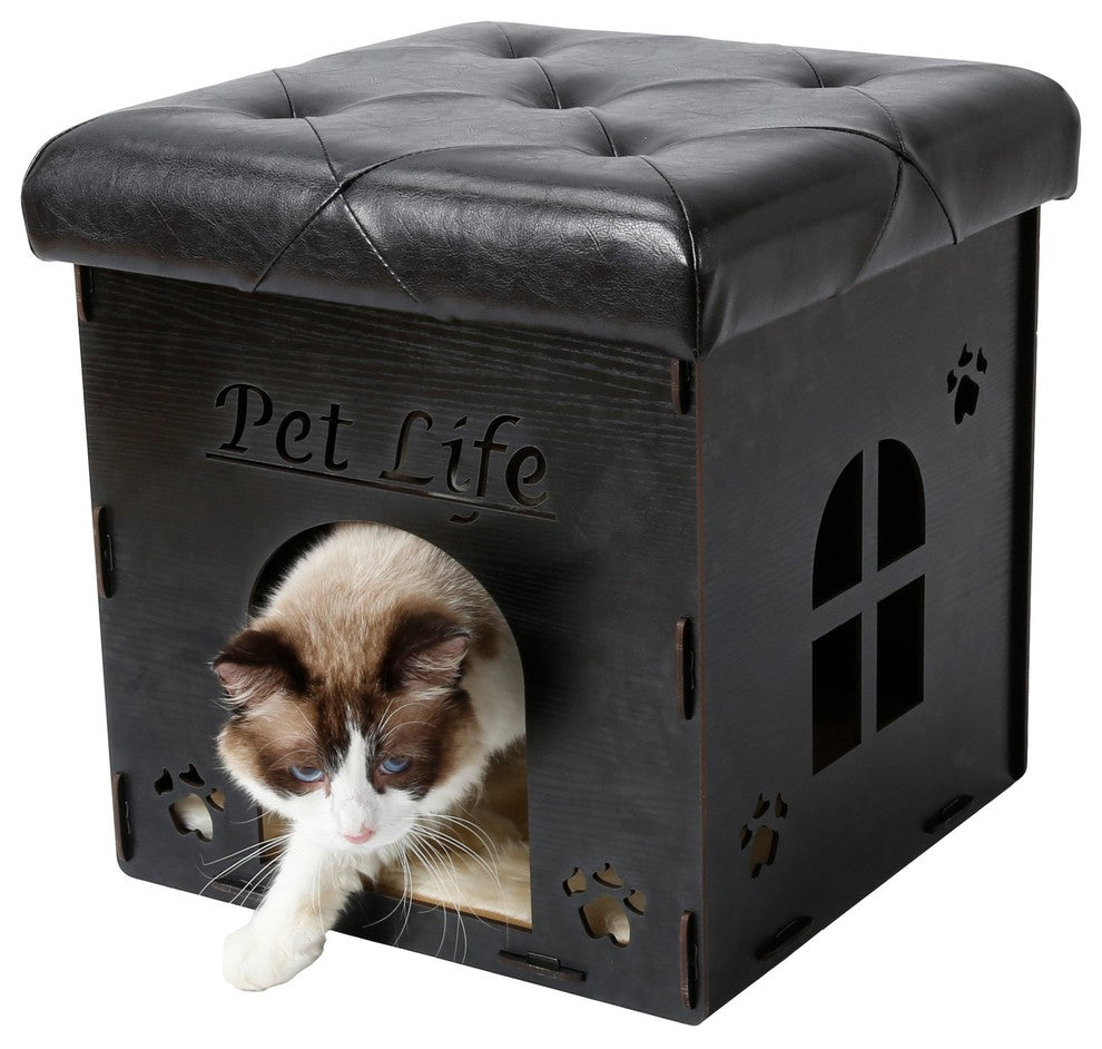 Foldaway Collapsible Designer Cat House Furniture Bench, Black