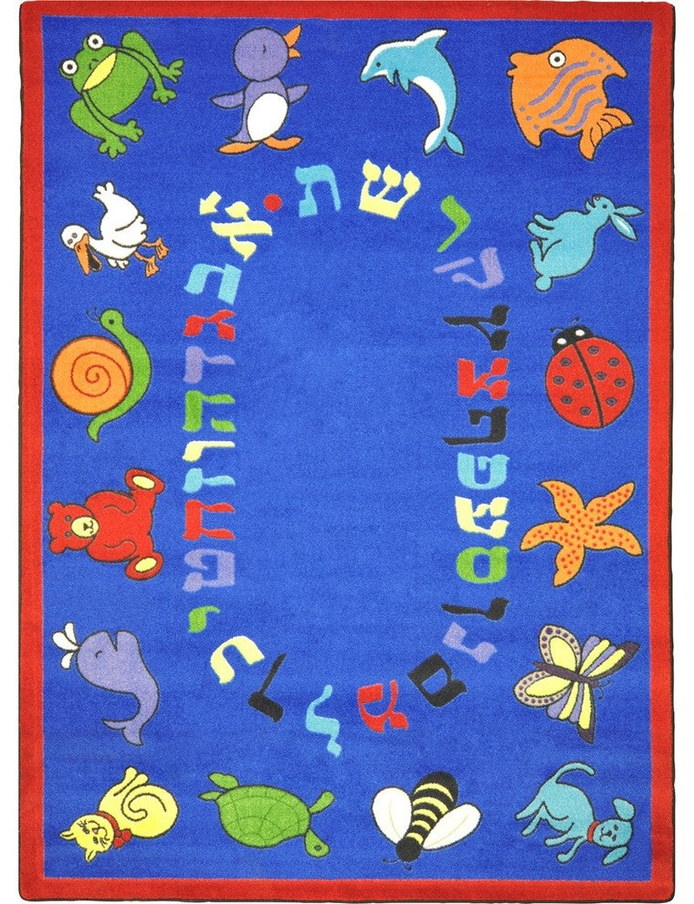 Kid Essentials Rug, ABC Animals, Hebrew Alphabet, 5'4"x7'8", Blue