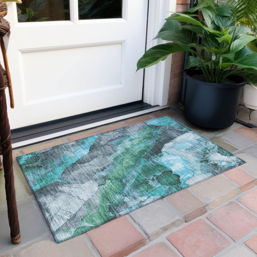 Machine Washable Indoor/Outdoor Chantille ACN1864 Teal 1'8" x 2'6" Rug